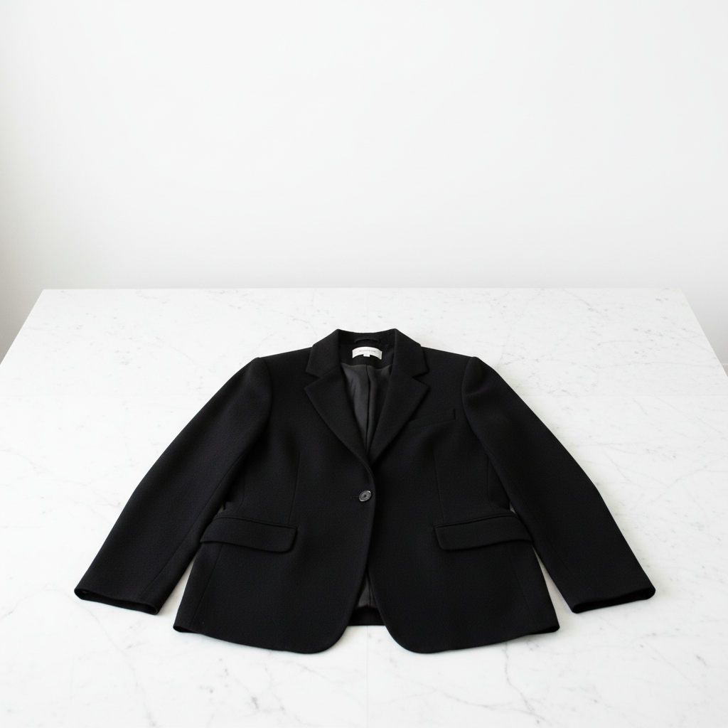 Blazer de cachemira negro sobre mármol blanco